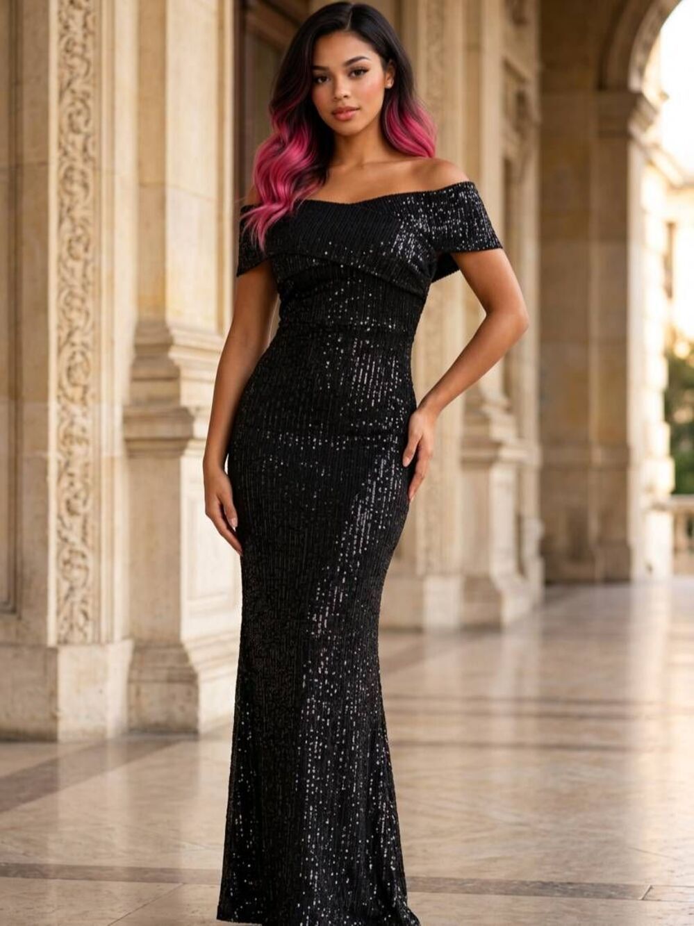 🩵NWOT Black Sequin Off-Shoulder Formal Full Length Dress Medium